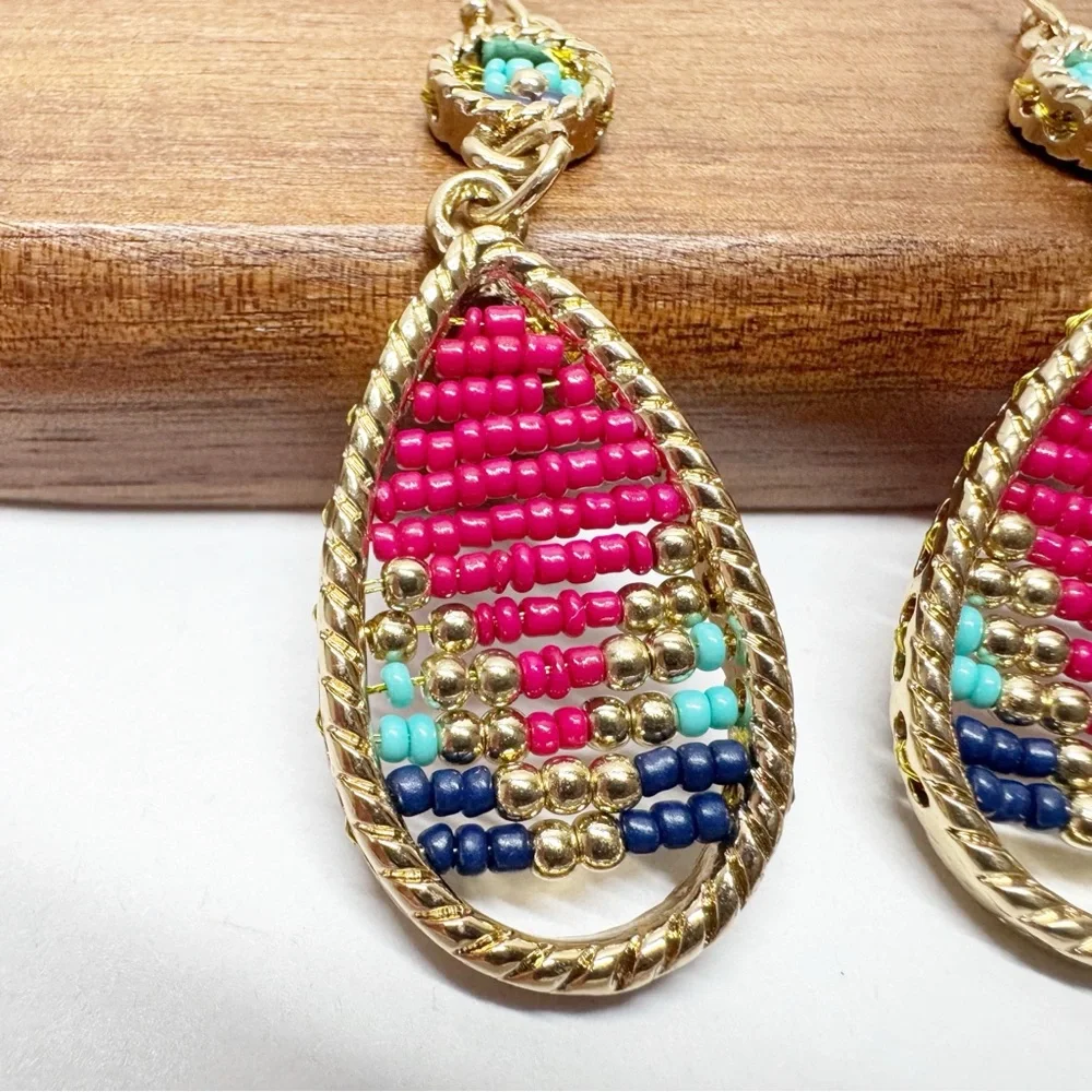 Beaded Tear Drop Dangle Framed Seed Bead Earrings